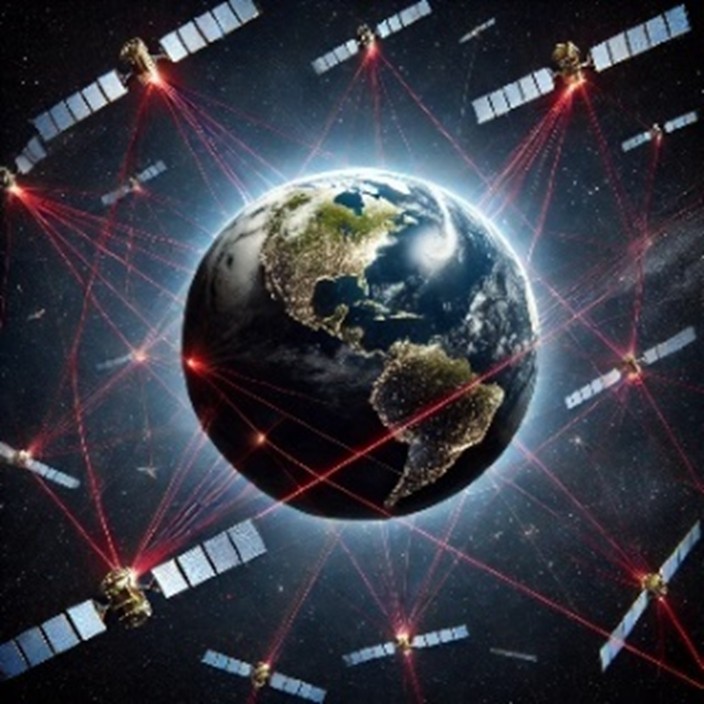The Earth surrounded by satelites that are connected by red lines