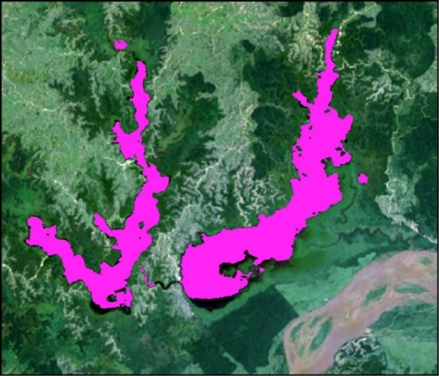 A Map that is zoomed in with a river highlighted in Pink